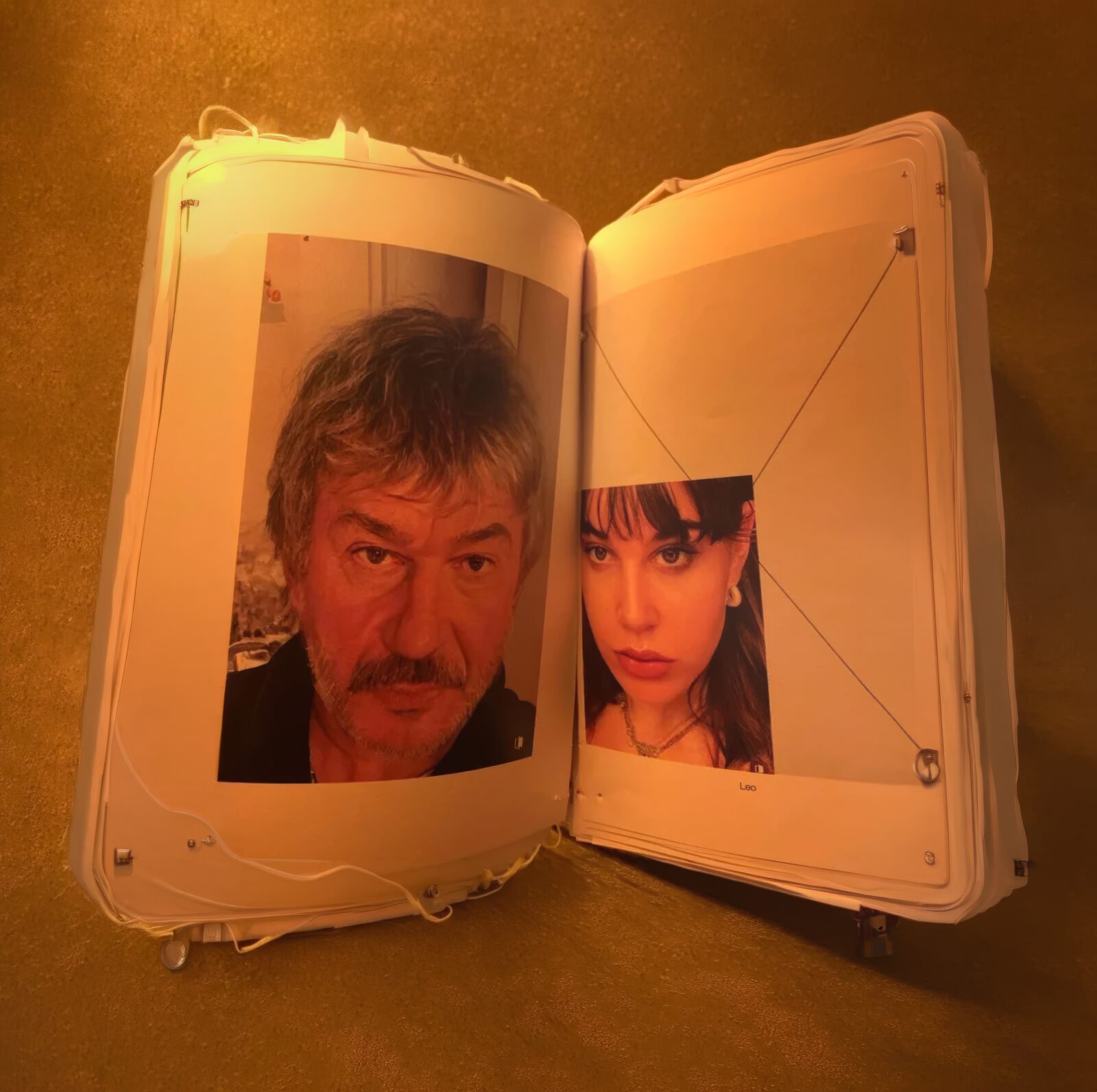 Open book showing two photographic portraits