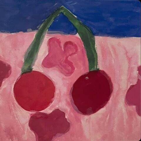 Painting of two cherries on pink